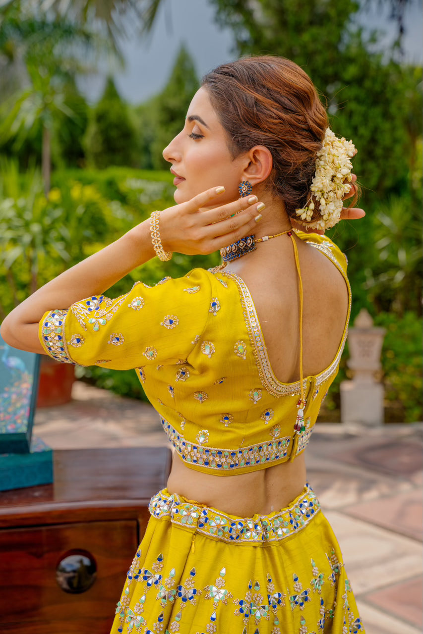 Neon Green Raw Silk Lehenga with Zardozi Mirron Thread Work