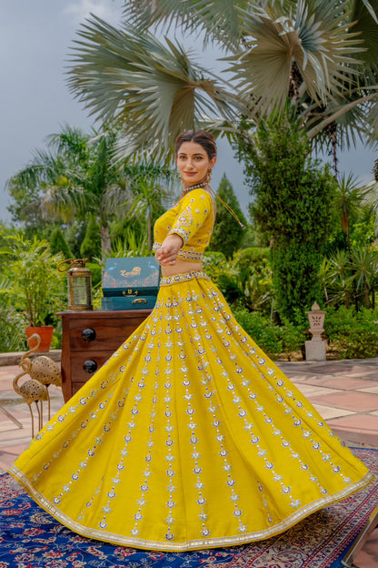 Neon Green Raw Silk Lehenga with Zardozi Mirron Thread Work