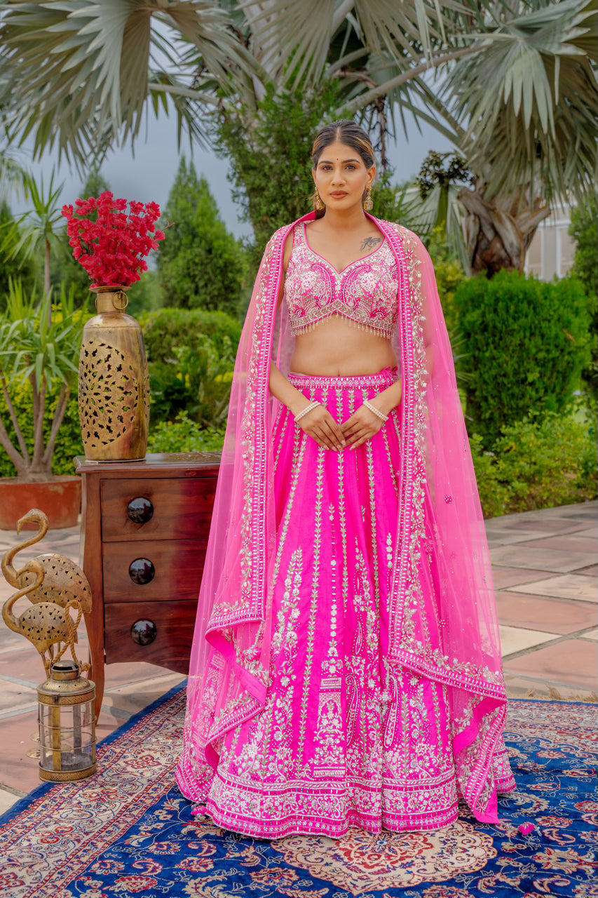 Bright Pink Raw Silk Lehenga with Thread Mirror Swaroski Crystal Work