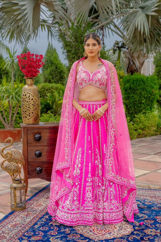 Bright Pink Raw Silk Lehenga with Thread Mirror Swaroski Crystal Work
