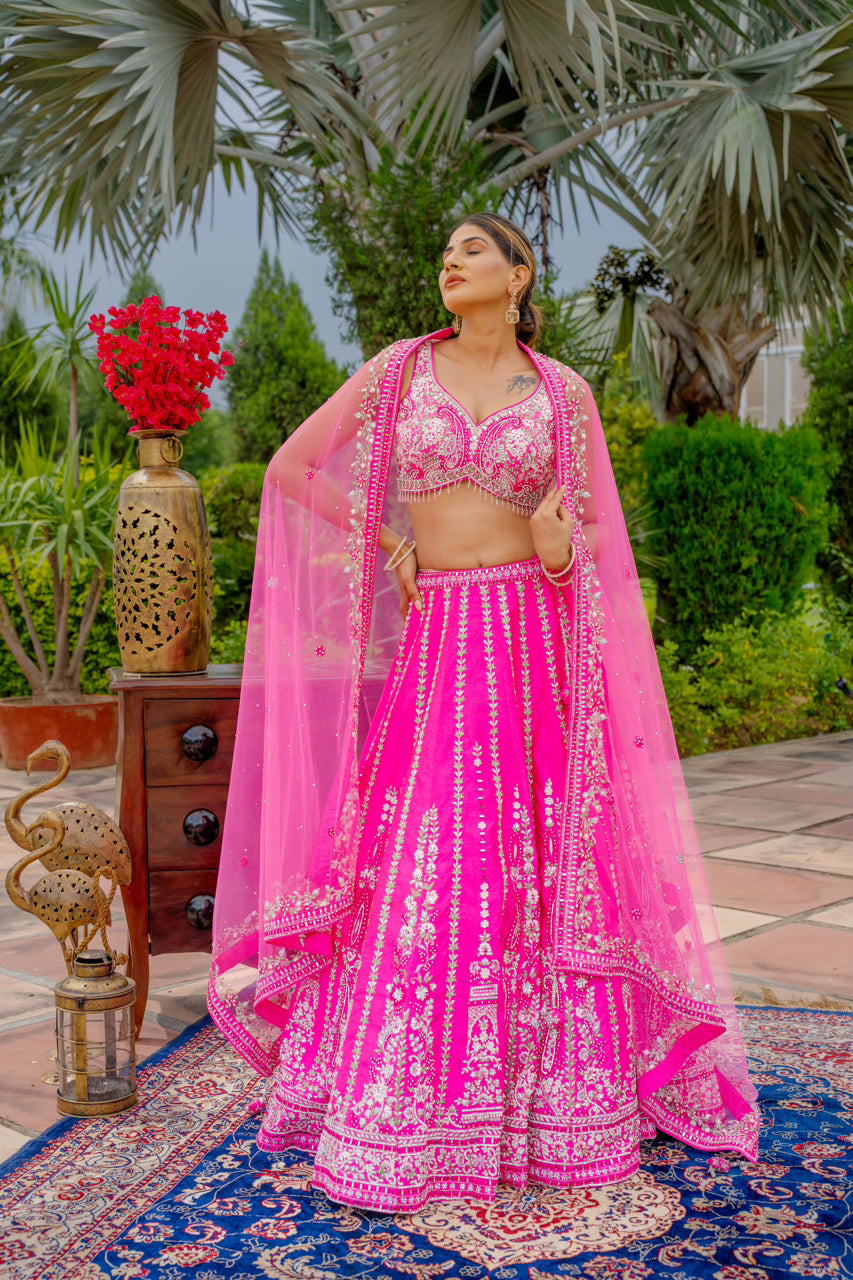 Bright Pink Raw Silk Lehenga with Thread Mirror Swaroski Crystal Work