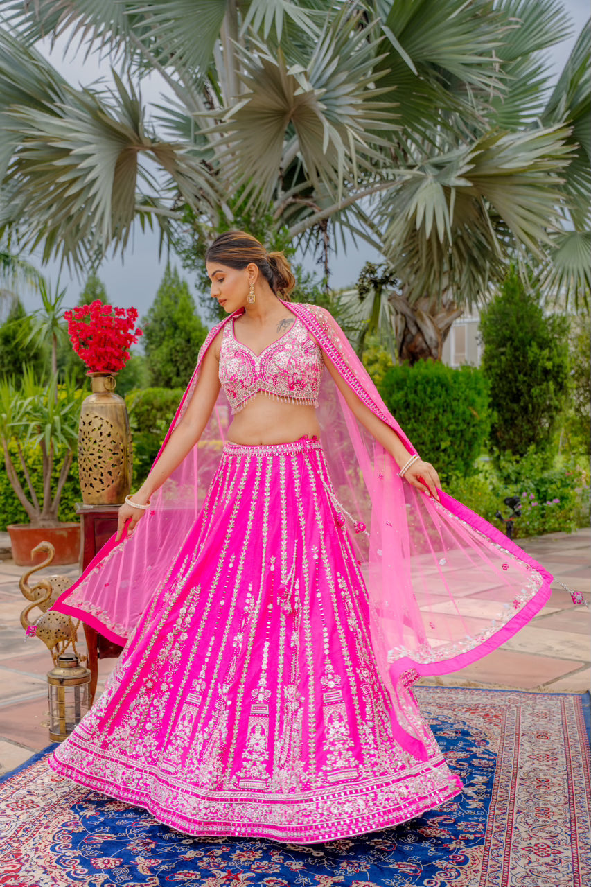 Bright Pink Raw Silk Lehenga with Thread Mirror Swaroski Crystal Work