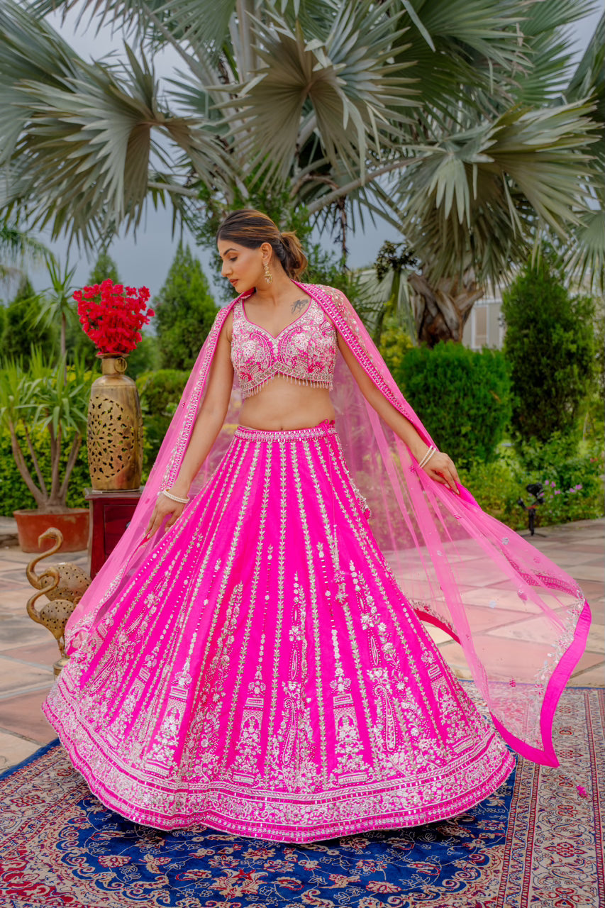 Bright Pink Raw Silk Lehenga with Thread Mirror Swaroski Crystal Work