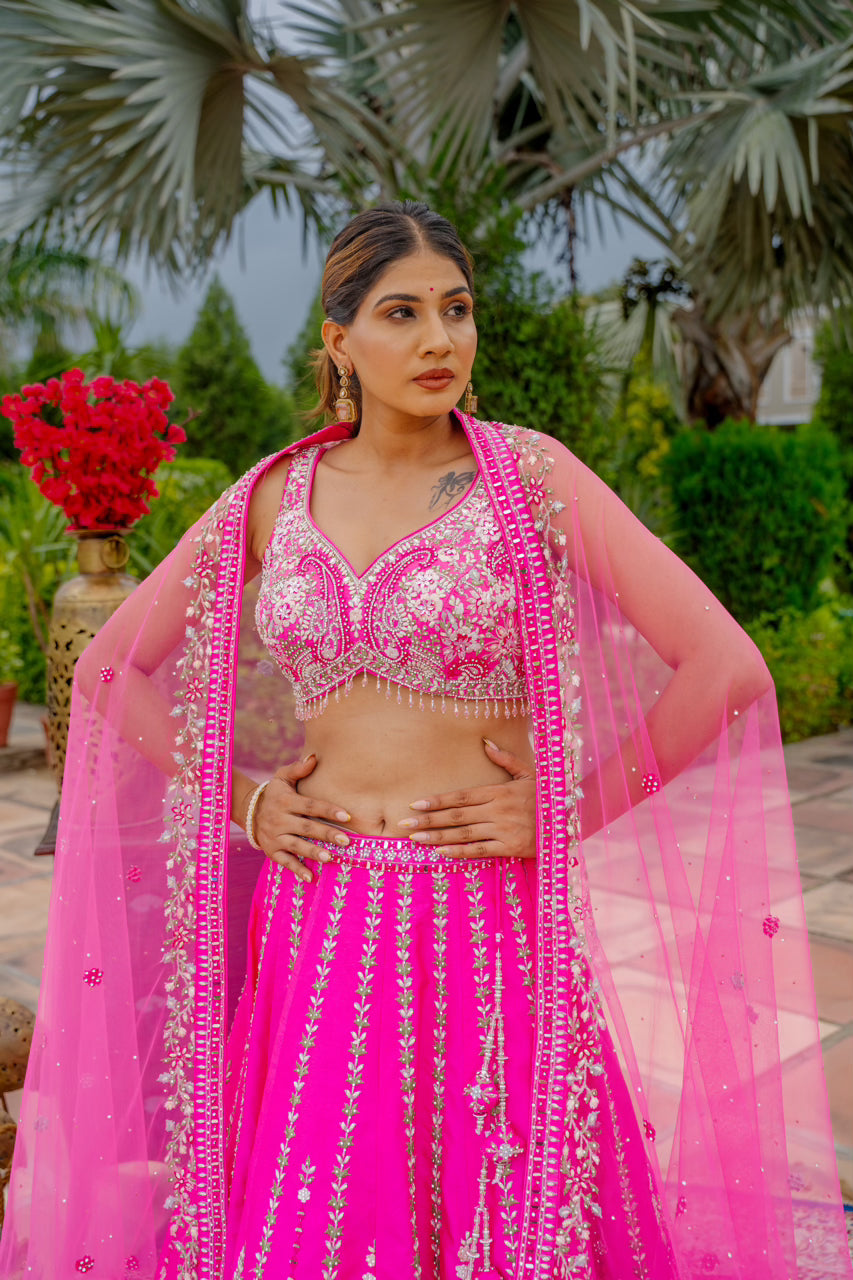 Bright Pink Raw Silk Lehenga with Thread Mirror Swaroski Crystal Work