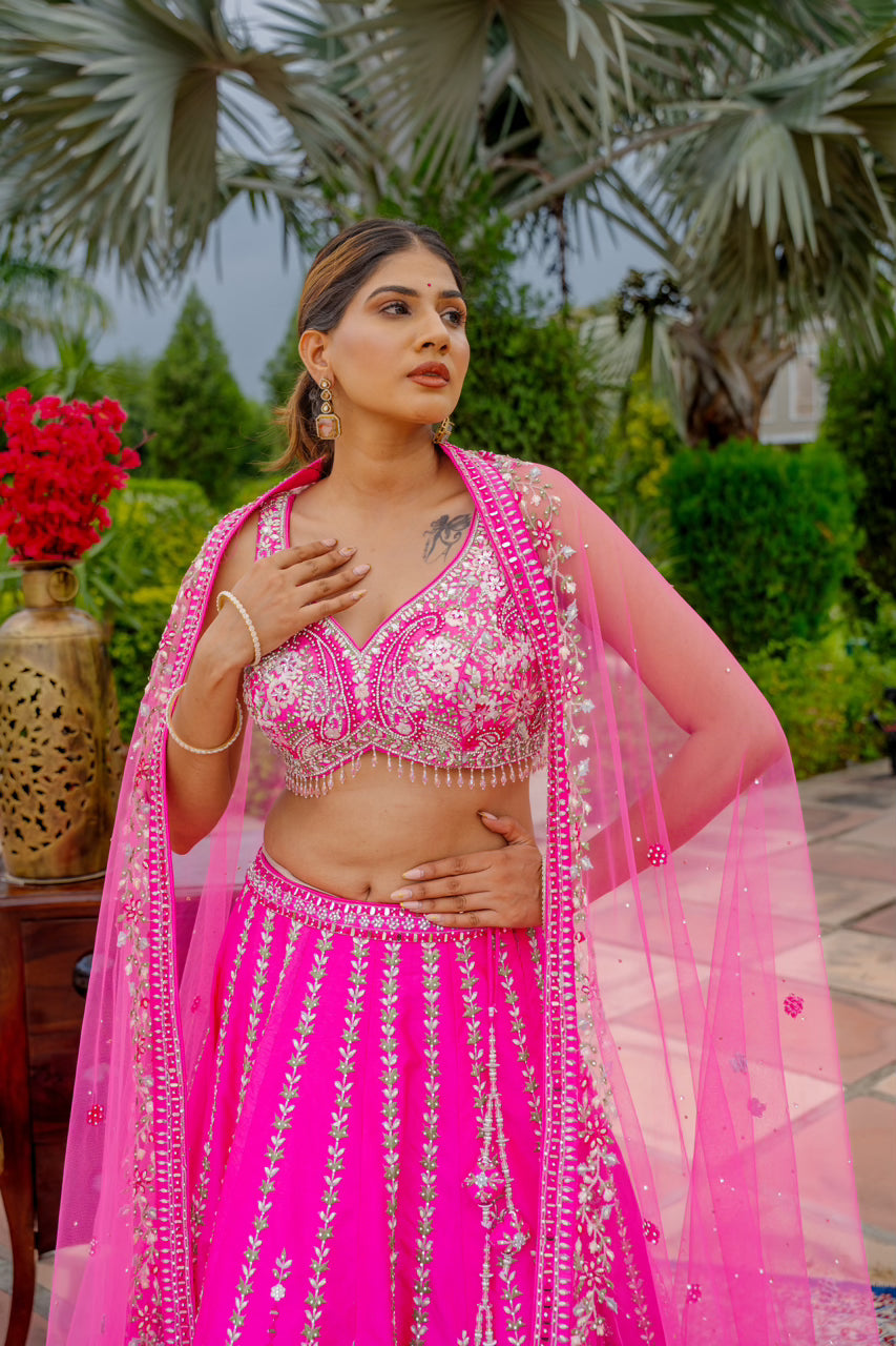Bright Pink Raw Silk Lehenga with Thread Mirror Swaroski Crystal Work