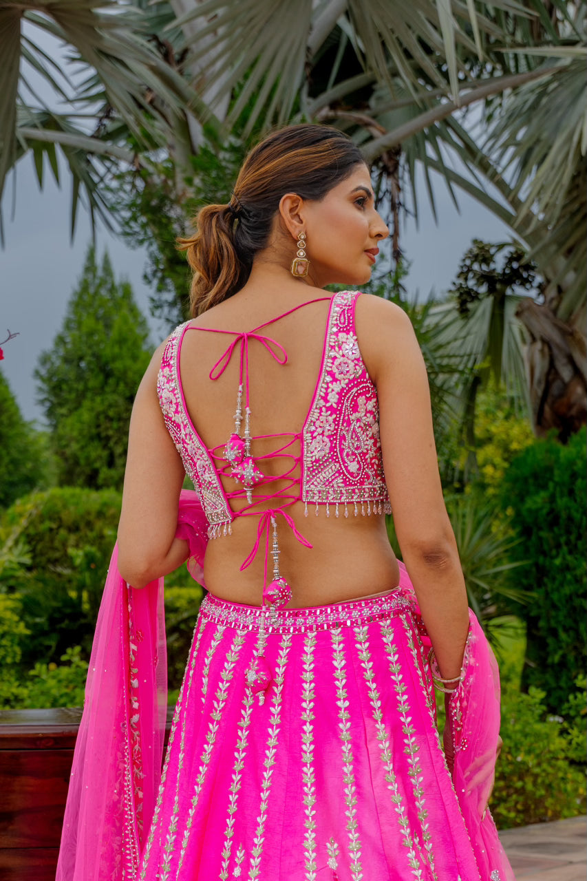 Bright Pink Raw Silk Lehenga with Thread Mirror Swaroski Crystal Work
