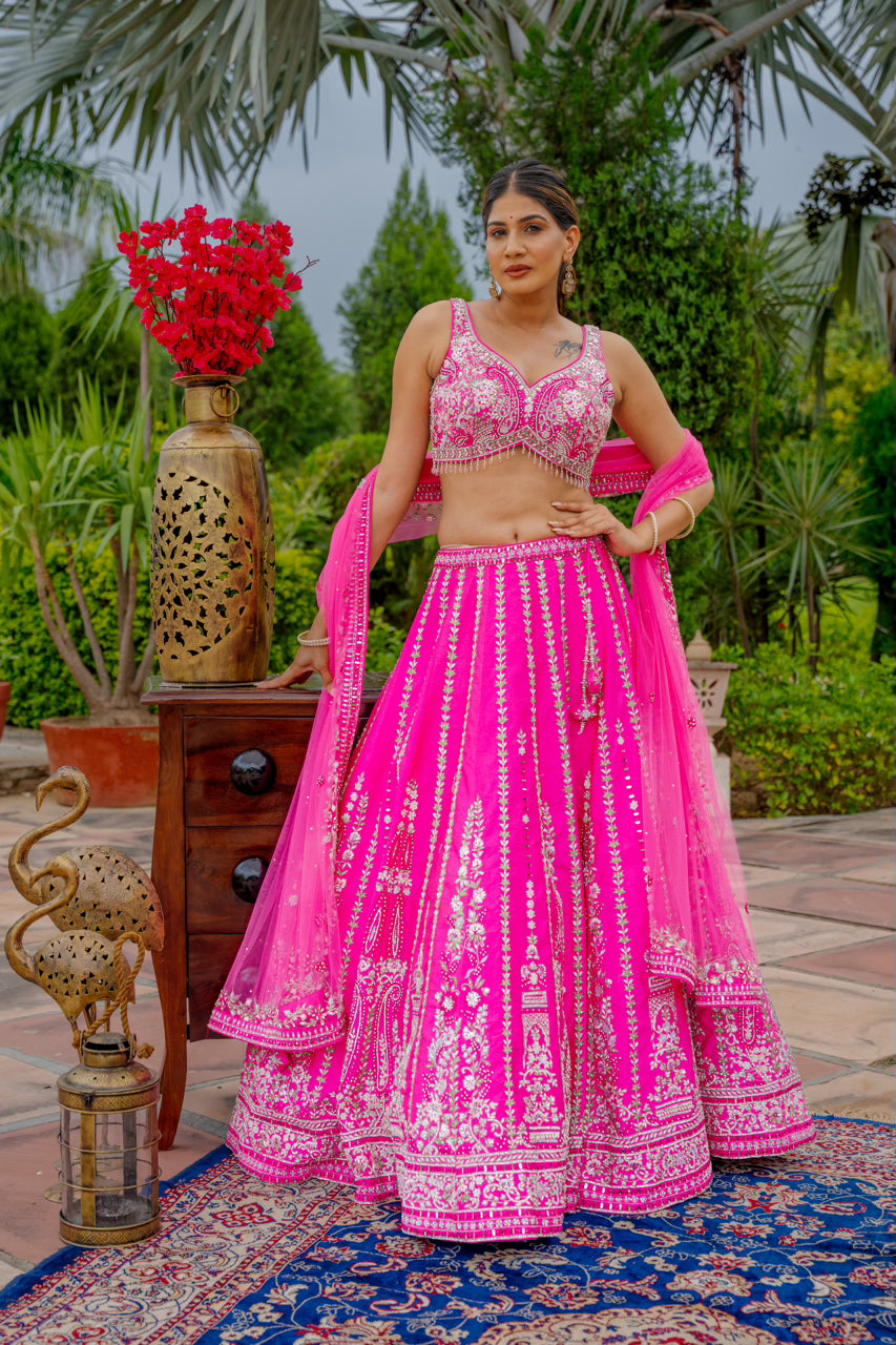 Bright Pink Raw Silk Lehenga with Thread Mirror Swaroski Crystal Work