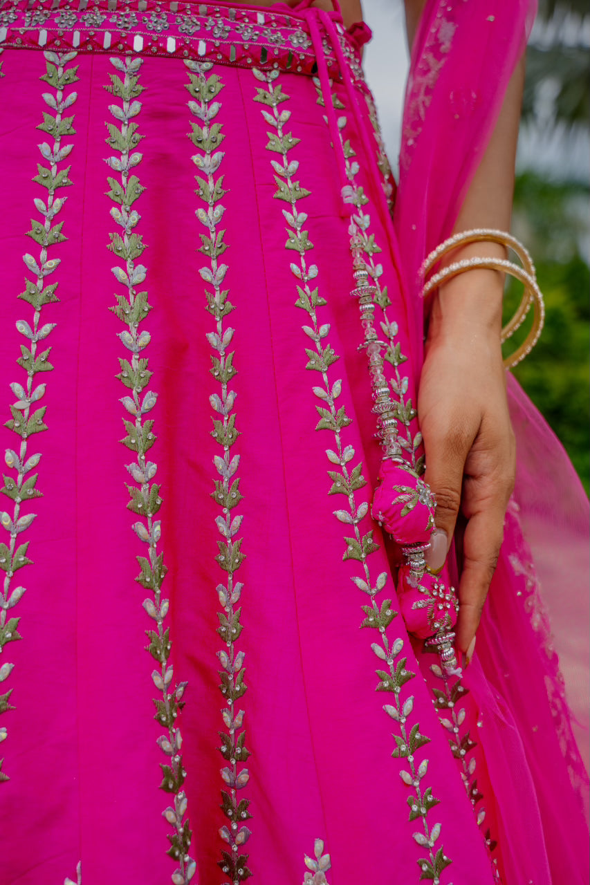 Bright Pink Raw Silk Lehenga with Thread Mirror Swaroski Crystal Work