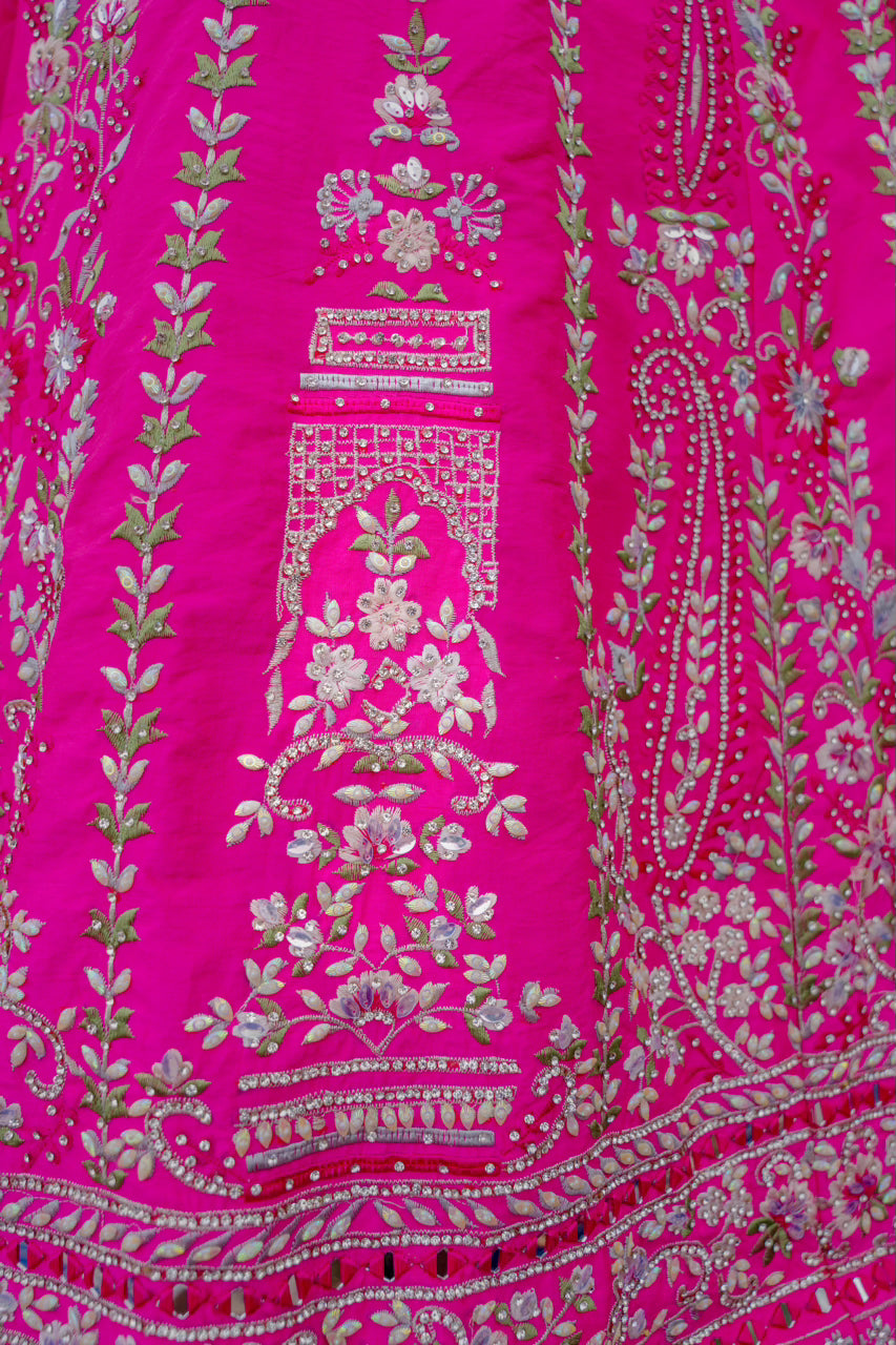 Bright Pink Raw Silk Lehenga with Thread Mirror Swaroski Crystal Work