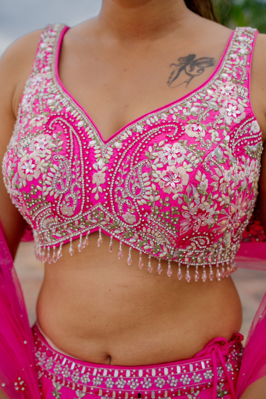 Bright Pink Raw Silk Lehenga with Thread Mirror Swaroski Crystal Work