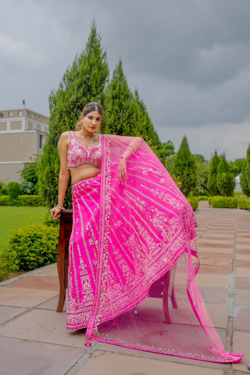 Bright Pink Raw Silk Lehenga with Thread Mirror Swaroski Crystal Work