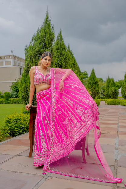 Bright Pink Raw Silk Lehenga with Thread Mirror Swaroski Crystal Work
