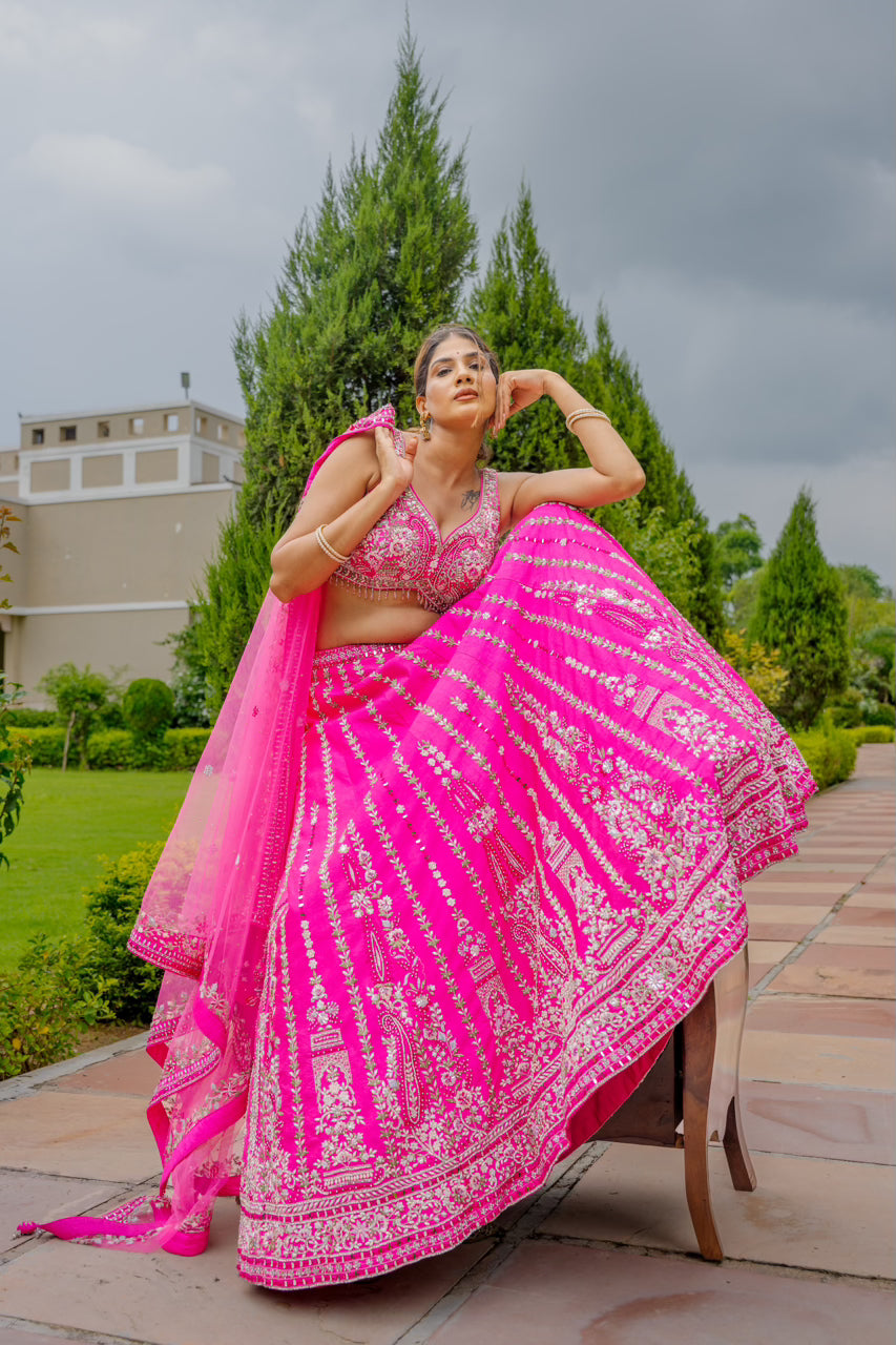 Bright Pink Raw Silk Lehenga with Thread Mirror Swaroski Crystal Work