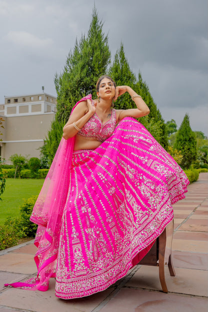 Bright Pink Raw Silk Lehenga with Thread Mirror Swaroski Crystal Work