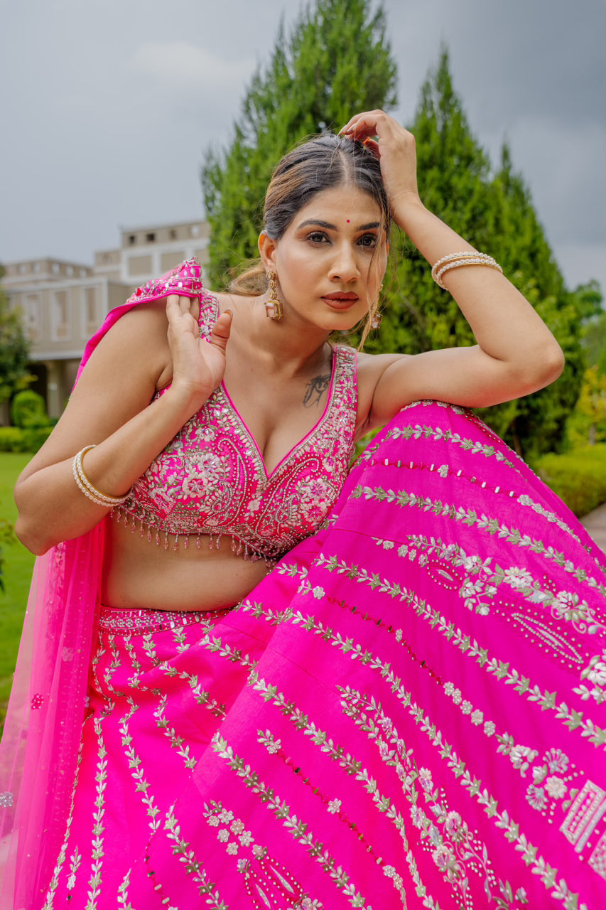 Bright Pink Raw Silk Lehenga with Thread Mirror Swaroski Crystal Work