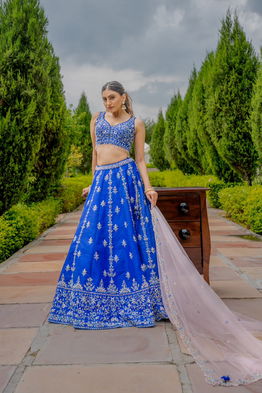 Blue Raw Silk Lehenga with Thread Mirror Pearl Swaroski Crystal Work