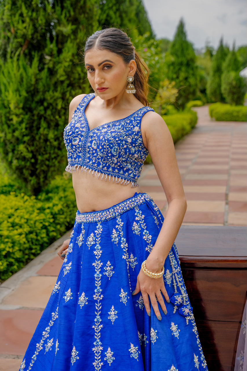Blue Raw Silk Lehenga with Thread Mirror Pearl Swaroski Crystal Work