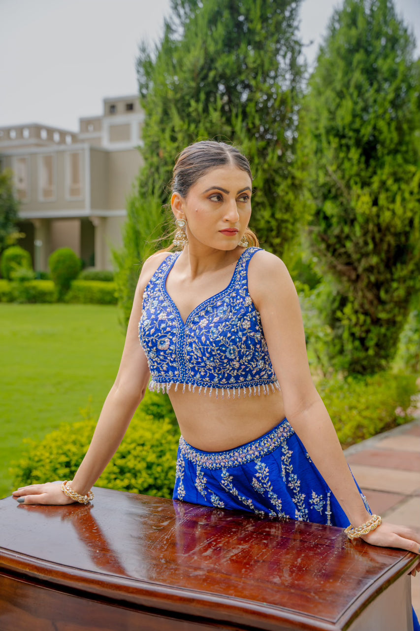 Blue Raw Silk Lehenga with Thread Mirror Pearl Swaroski Crystal Work