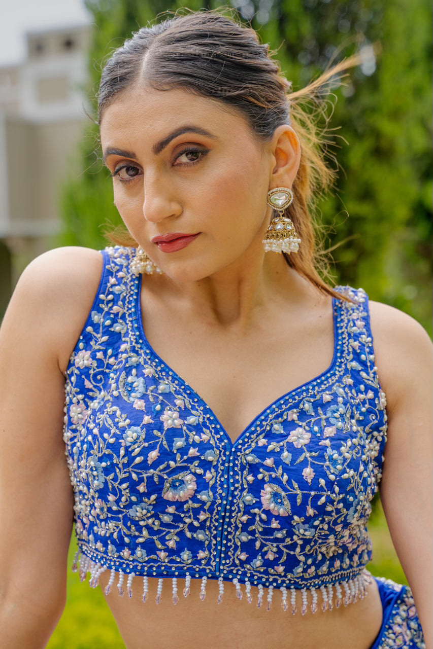 Blue Raw Silk Lehenga with Thread Mirror Pearl Swaroski Crystal Work