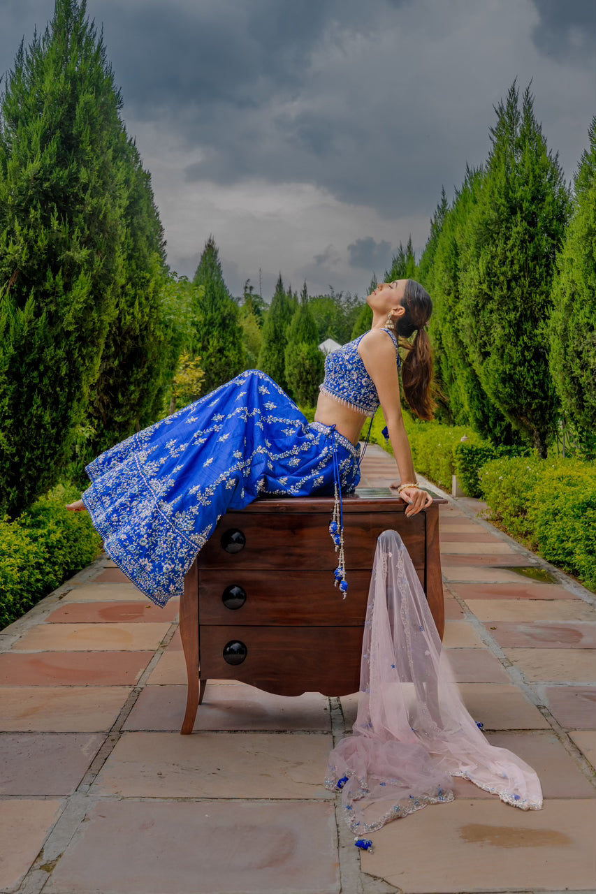 Blue Raw Silk Lehenga with Thread Mirror Pearl Swaroski Crystal Work