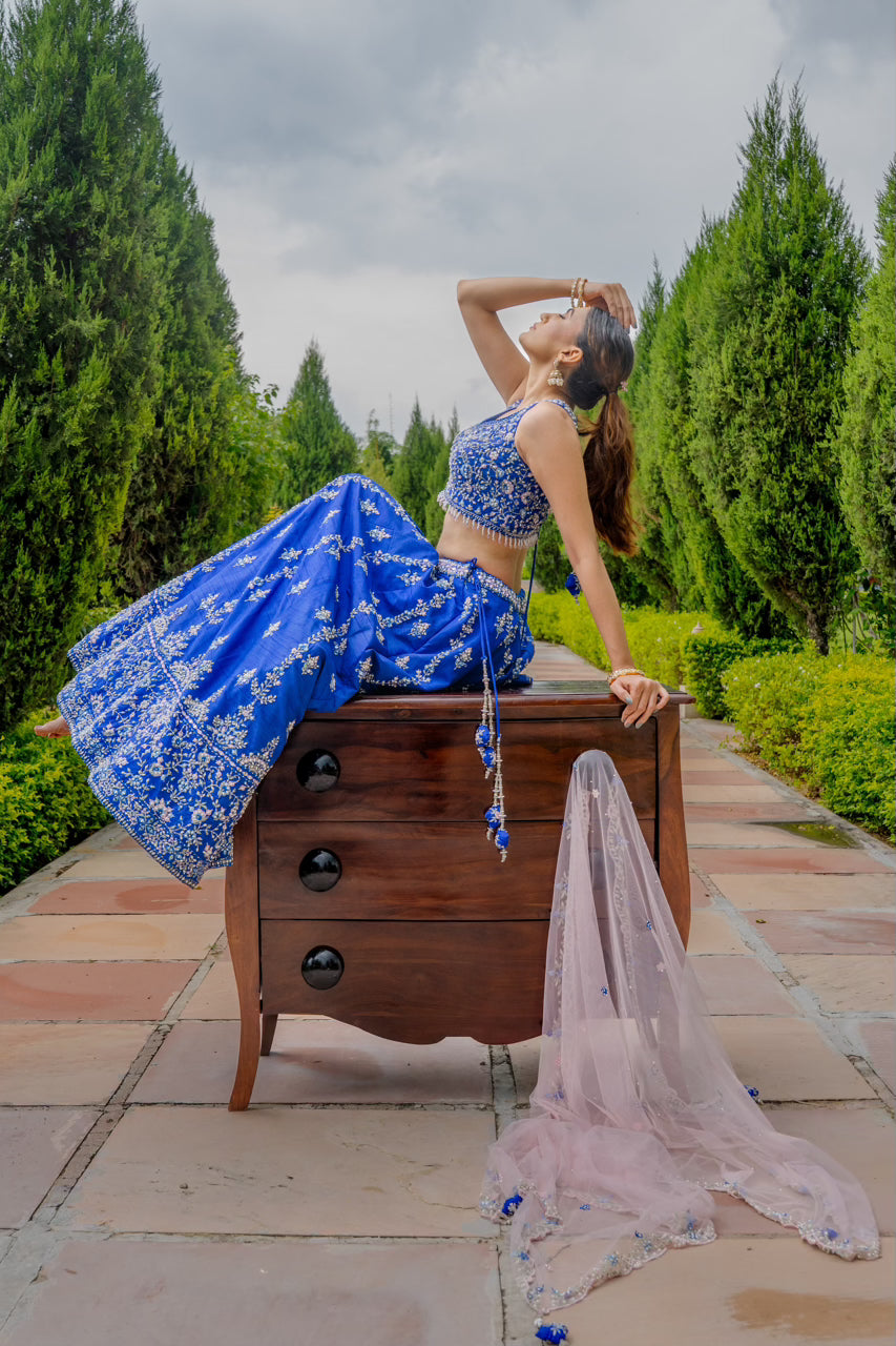 Blue Raw Silk Lehenga with Thread Mirror Pearl Swaroski Crystal Work