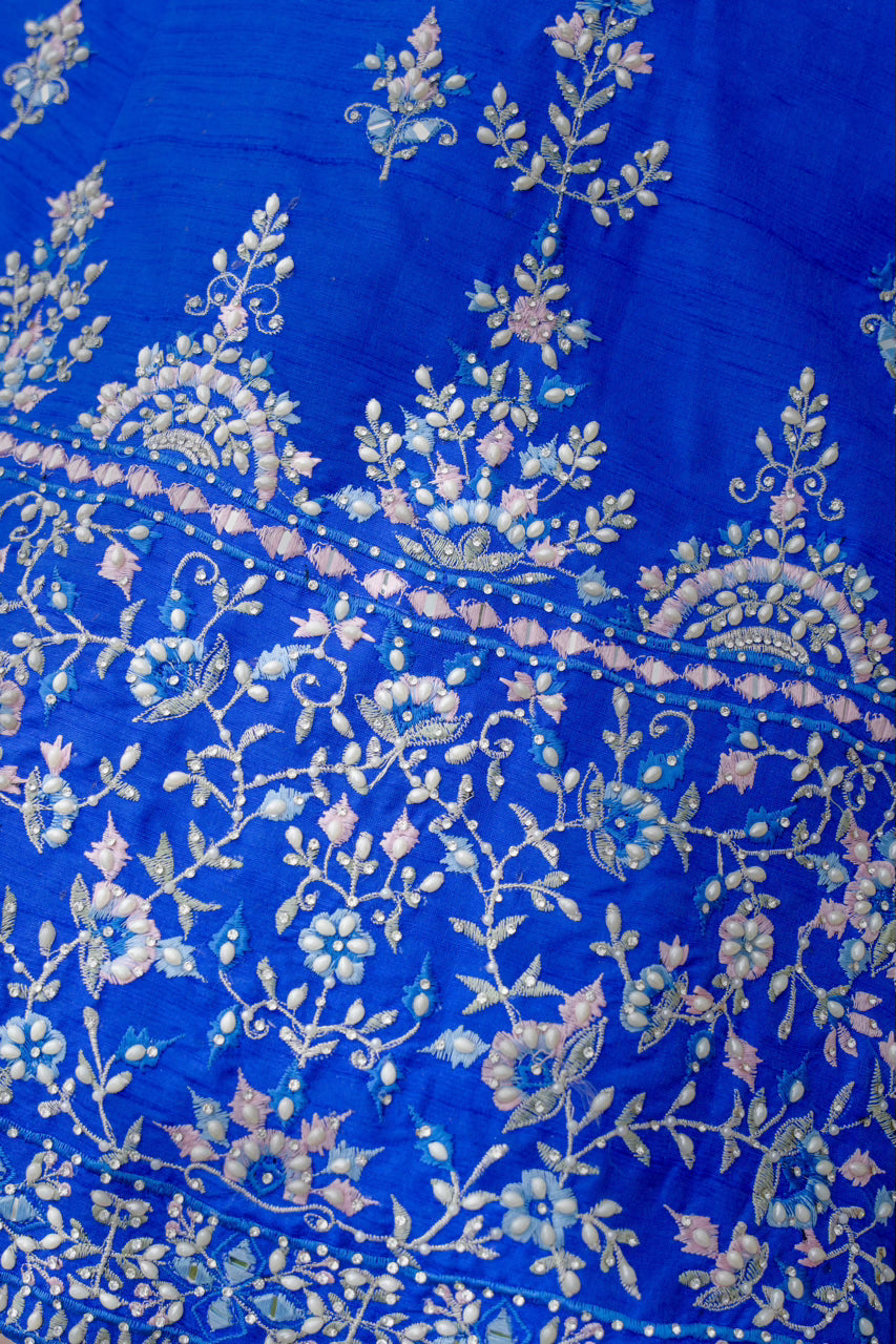 Blue Raw Silk Lehenga with Thread Mirror Pearl Swaroski Crystal Work