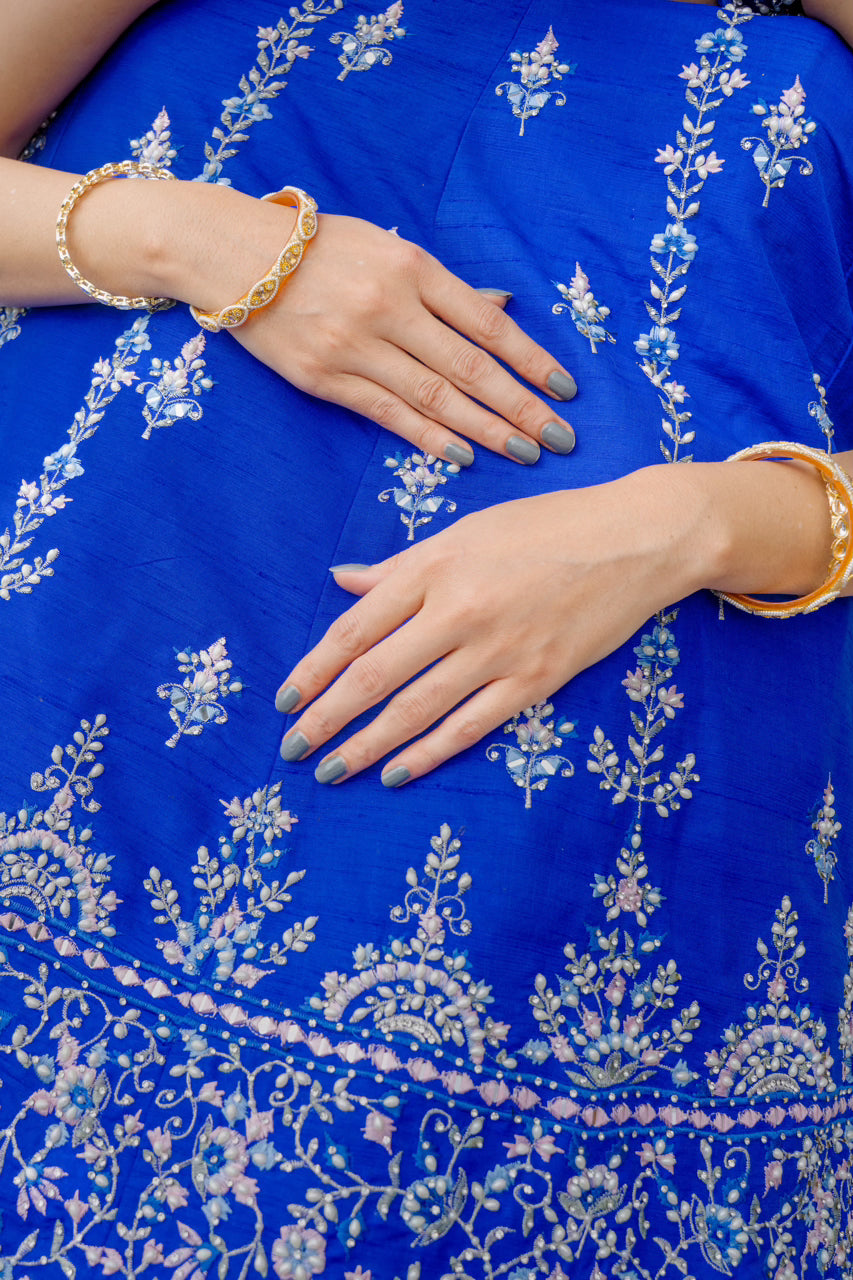 Blue Raw Silk Lehenga with Thread Mirror Pearl Swaroski Crystal Work