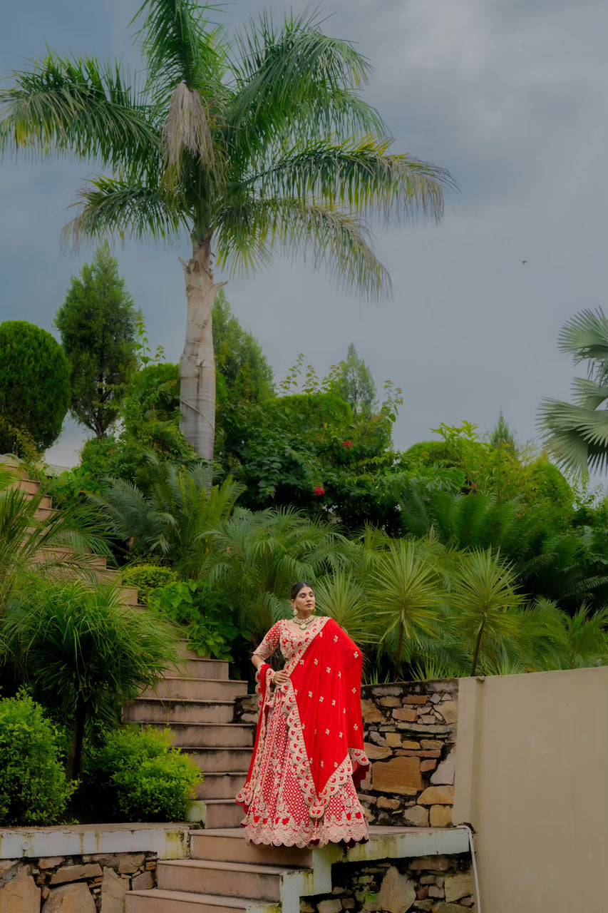 Red Raw Silk Bridal Lehenga with Zardozi Sequins Kardana Moti Work