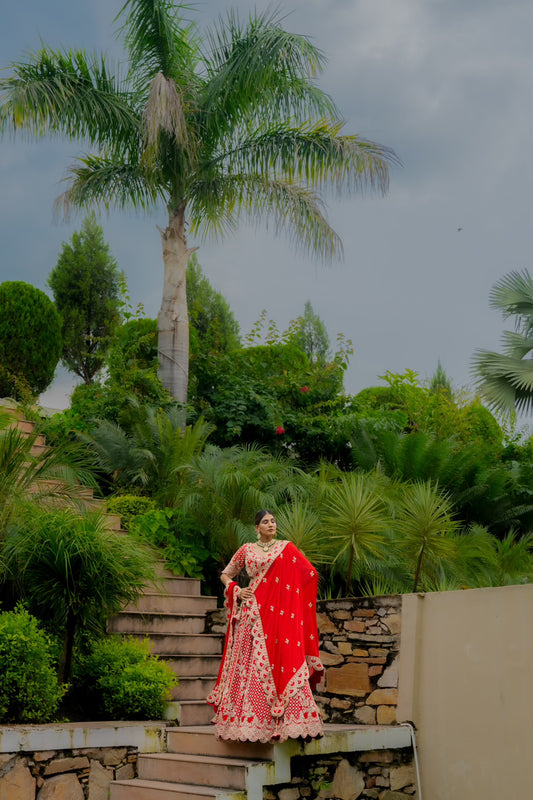 Red Raw Silk Bridal Lehenga with Zardozi Sequins Kardana Moti Work