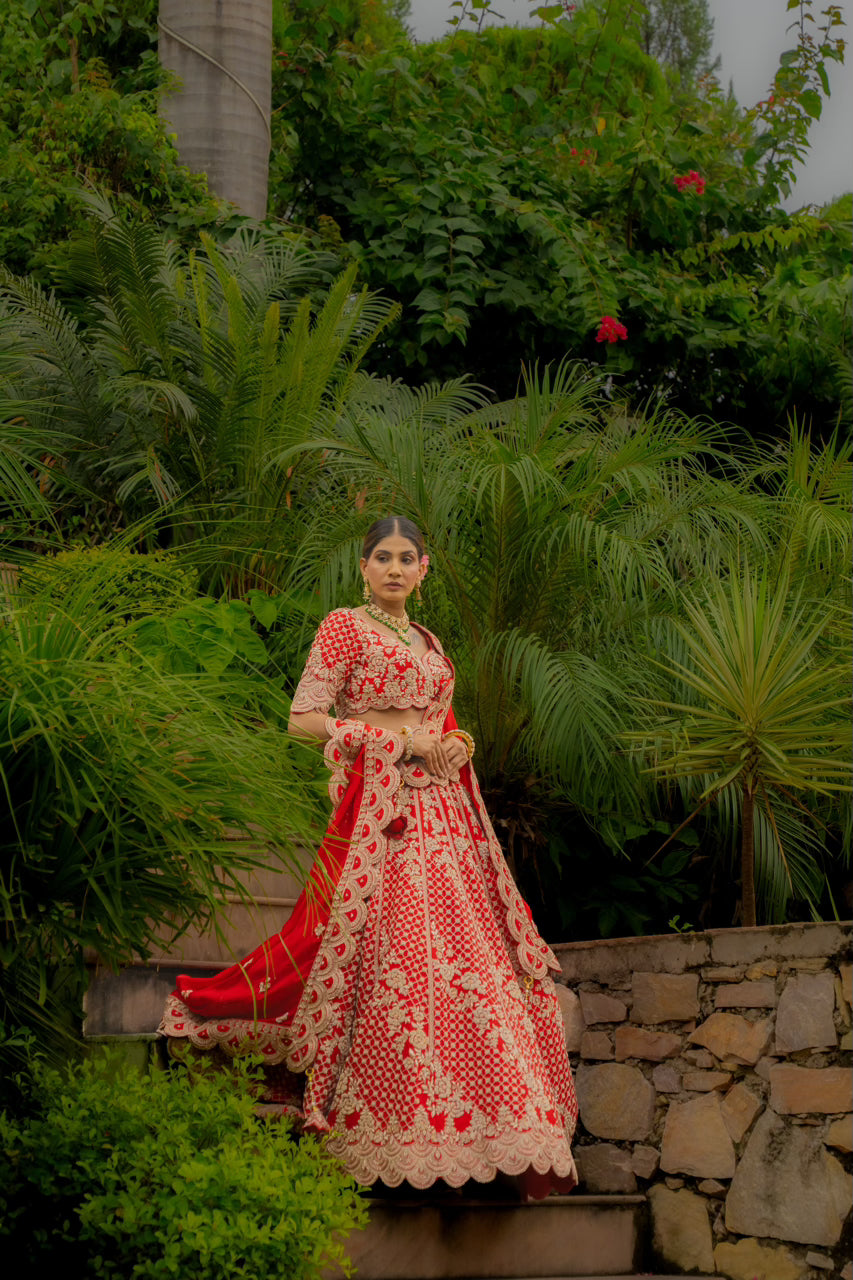 Red Raw Silk Bridal Lehenga with Zardozi Sequins Kardana Moti Work