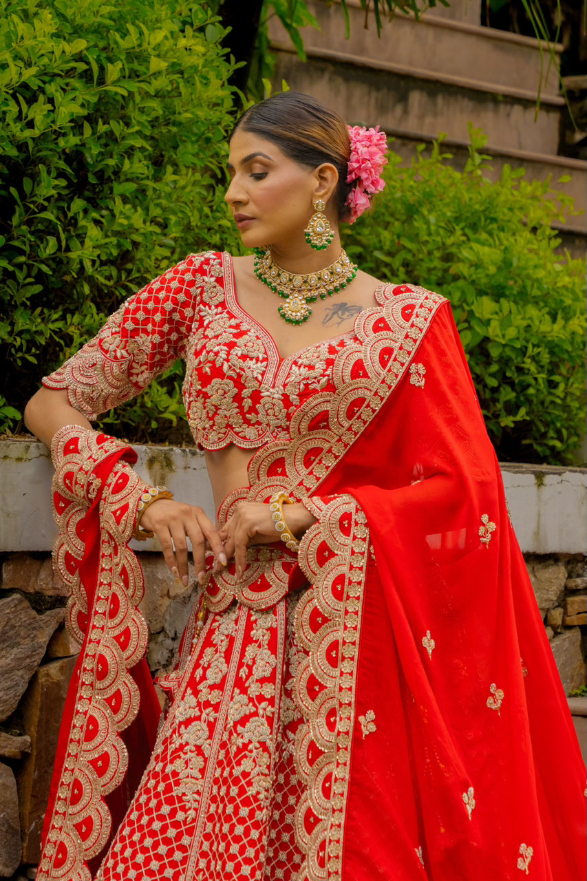 Red Raw Silk Bridal Lehenga with Zardozi Sequins Kardana Moti Work