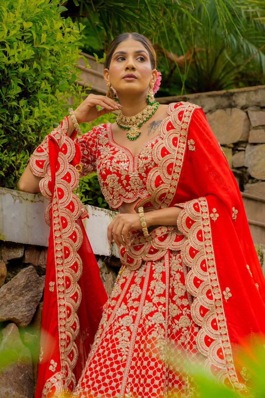 Red Raw Silk Bridal Lehenga with Zardozi Sequins Kardana Moti Work