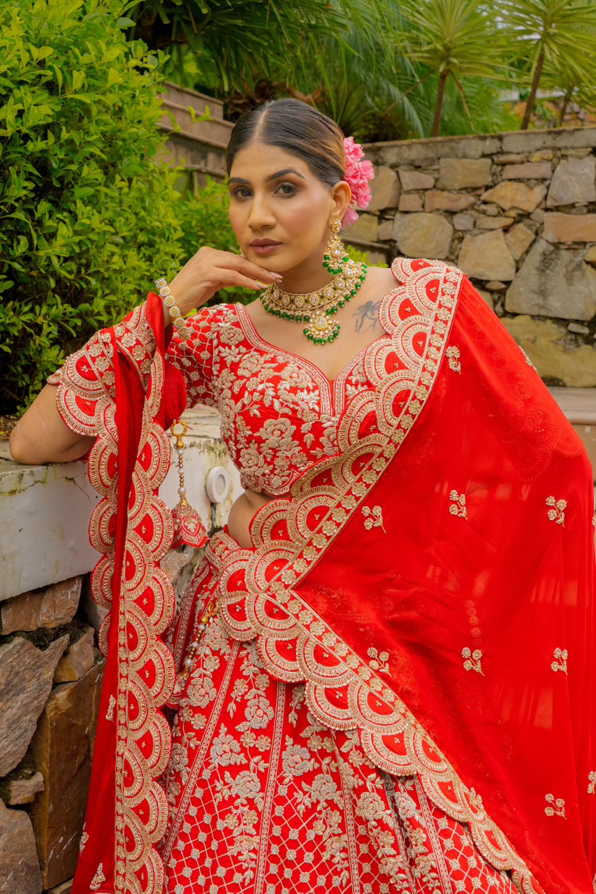 Red Raw Silk Bridal Lehenga with Zardozi Sequins Kardana Moti Work