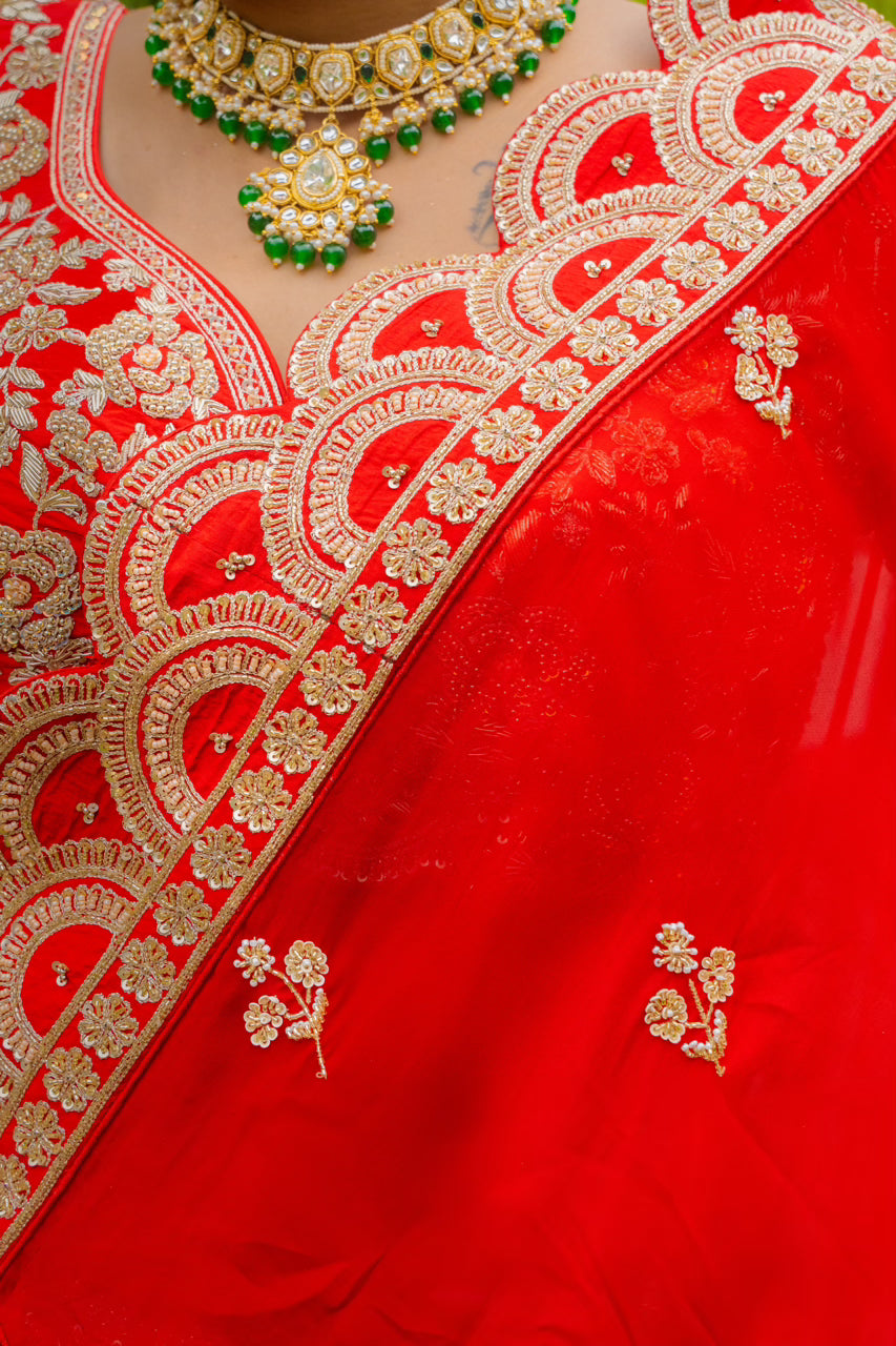 Red Raw Silk Bridal Lehenga with Zardozi Sequins Kardana Moti Work