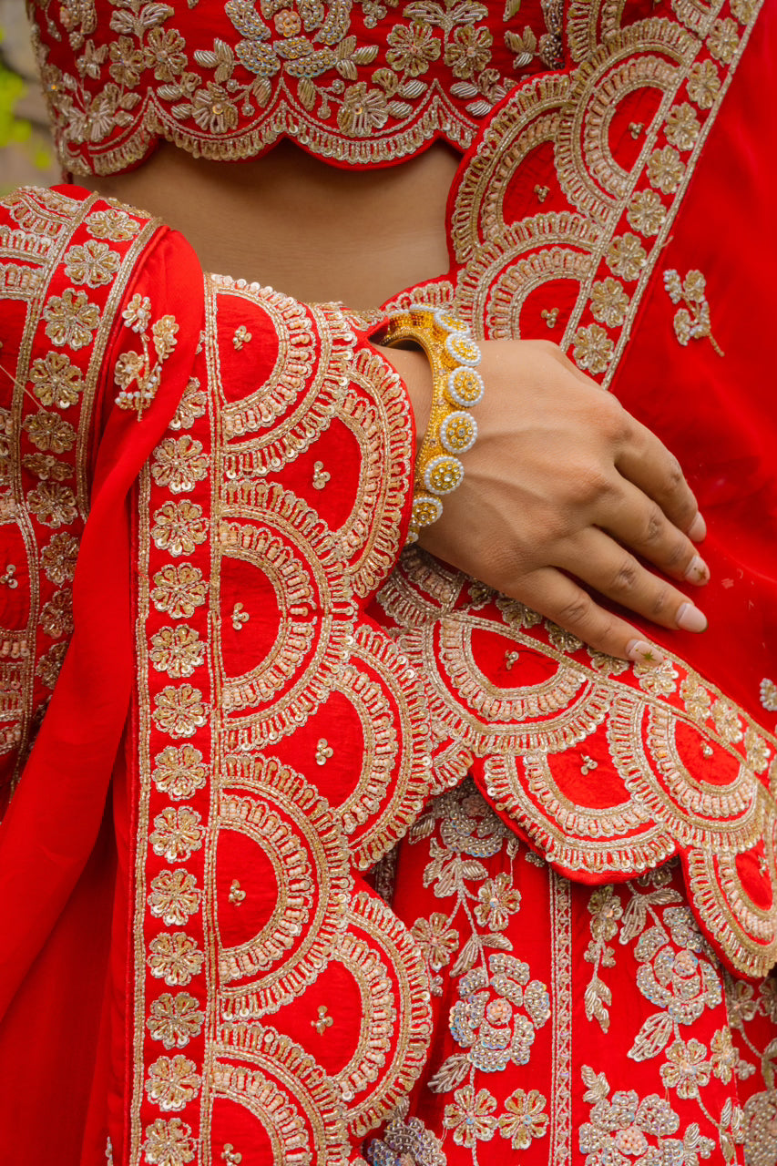 Red Raw Silk Bridal Lehenga with Zardozi Sequins Kardana Moti Work