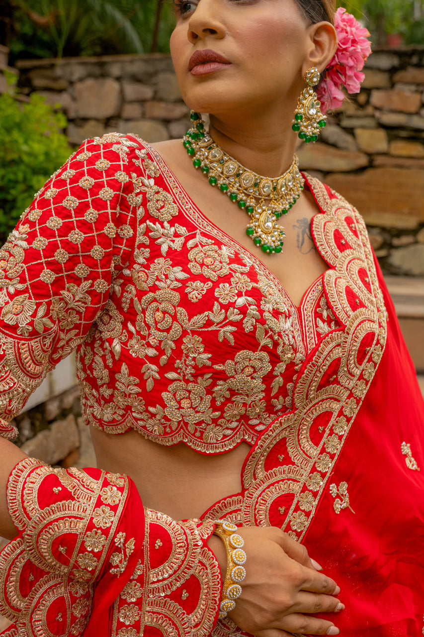 Red Raw Silk Bridal Lehenga with Zardozi Sequins Kardana Moti Work
