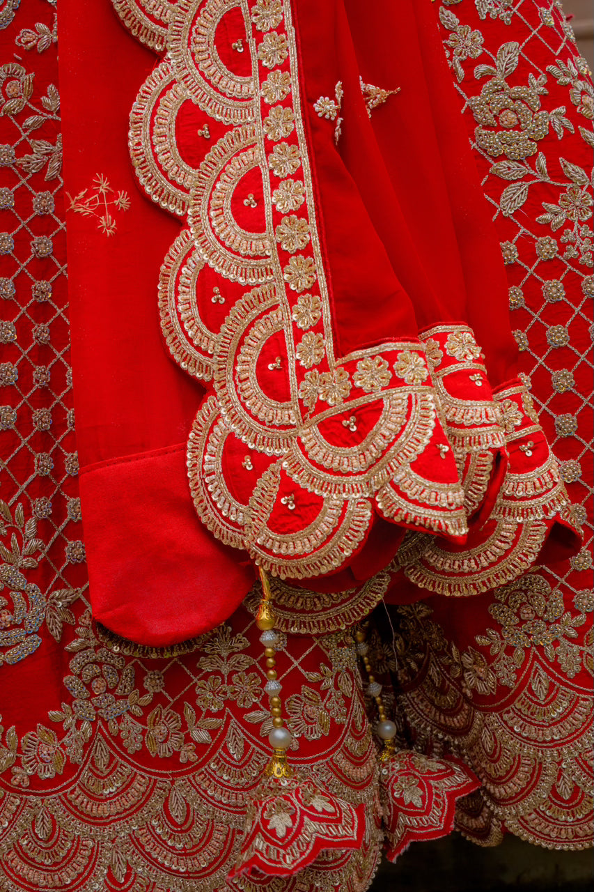 Red Raw Silk Bridal Lehenga with Zardozi Sequins Kardana Moti Work
