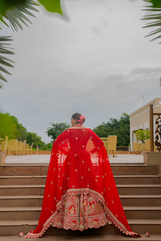 Cheery Red Raw Silk Bridal Lehenga with Thread Moti Kardana Sequins Work