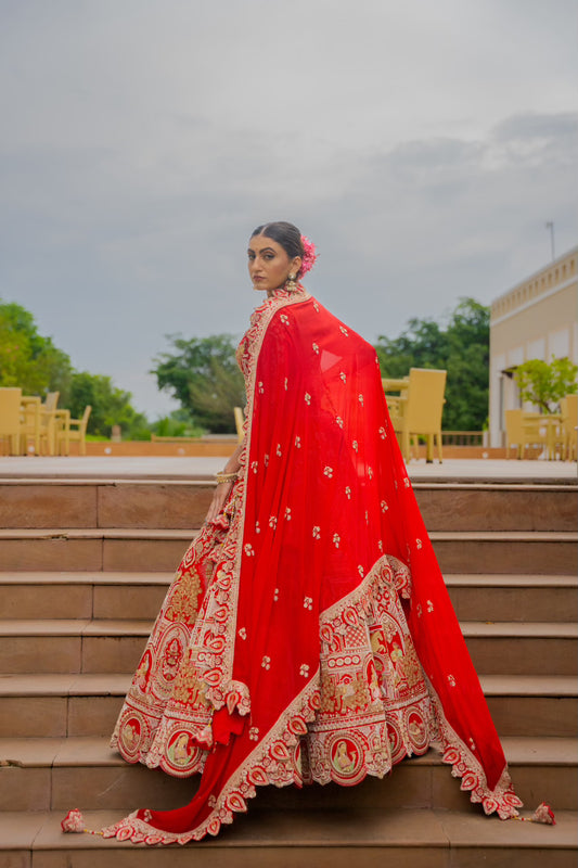 Cheery Red Raw Silk Bridal Lehenga with Thread Moti Kardana Sequins Work