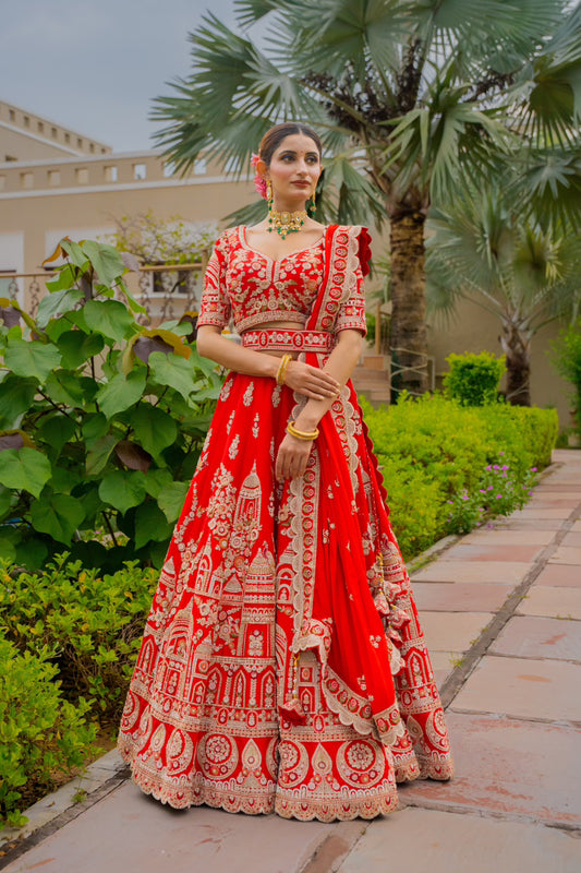 Red Raw Silk Bridal Lehenga with Marodi Kardana Sequis Moti Work