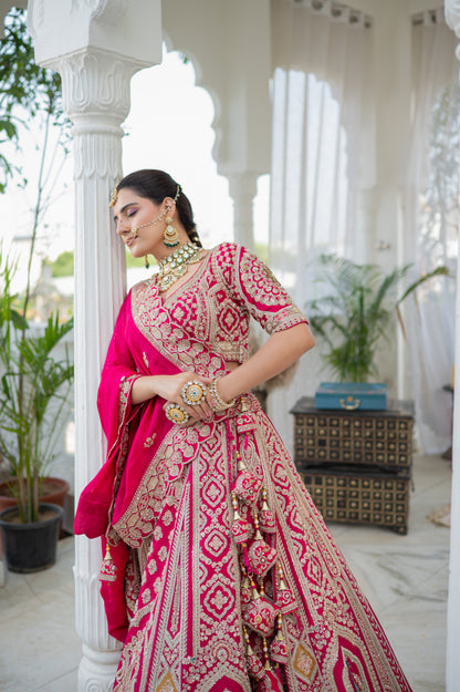 Bridal Lehenga - Hot Pink Silk Peacock Zardozi Pearl | Wedding Lehenga