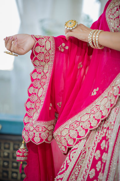 Bridal Lehenga - Hot Pink Silk Peacock Zardozi Pearl | Wedding Lehenga