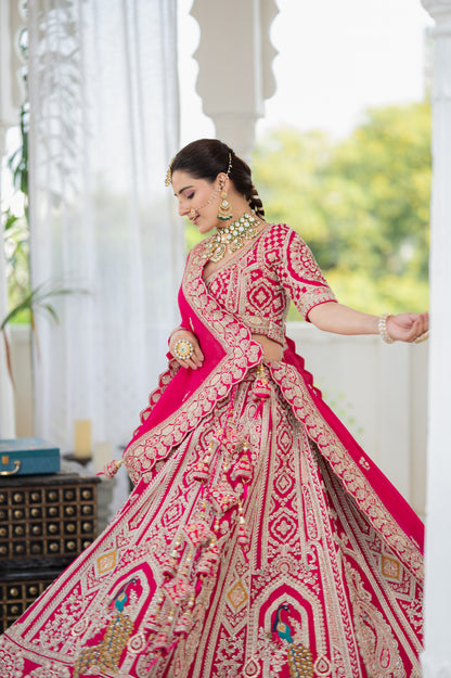 Bridal Lehenga - Hot Pink Silk Peacock Zardozi Pearl | Wedding Lehenga