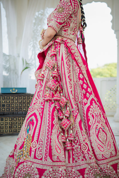 Bridal Lehenga - Hot Pink Silk Peacock Zardozi Pearl | Wedding Lehenga