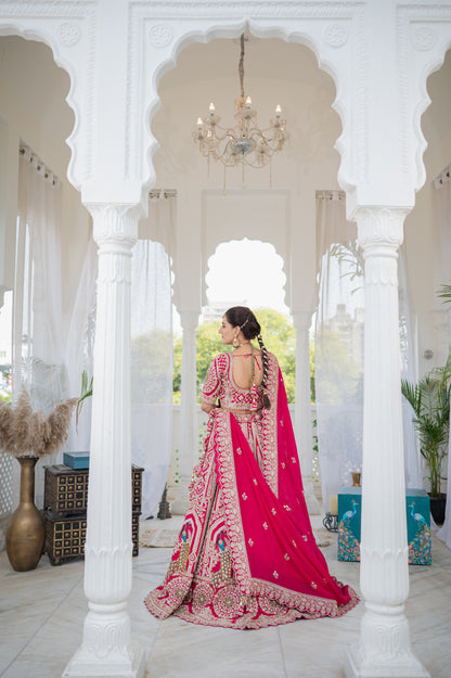 Bridal Lehenga - Hot Pink Silk Peacock Zardozi Pearl | Wedding Lehenga