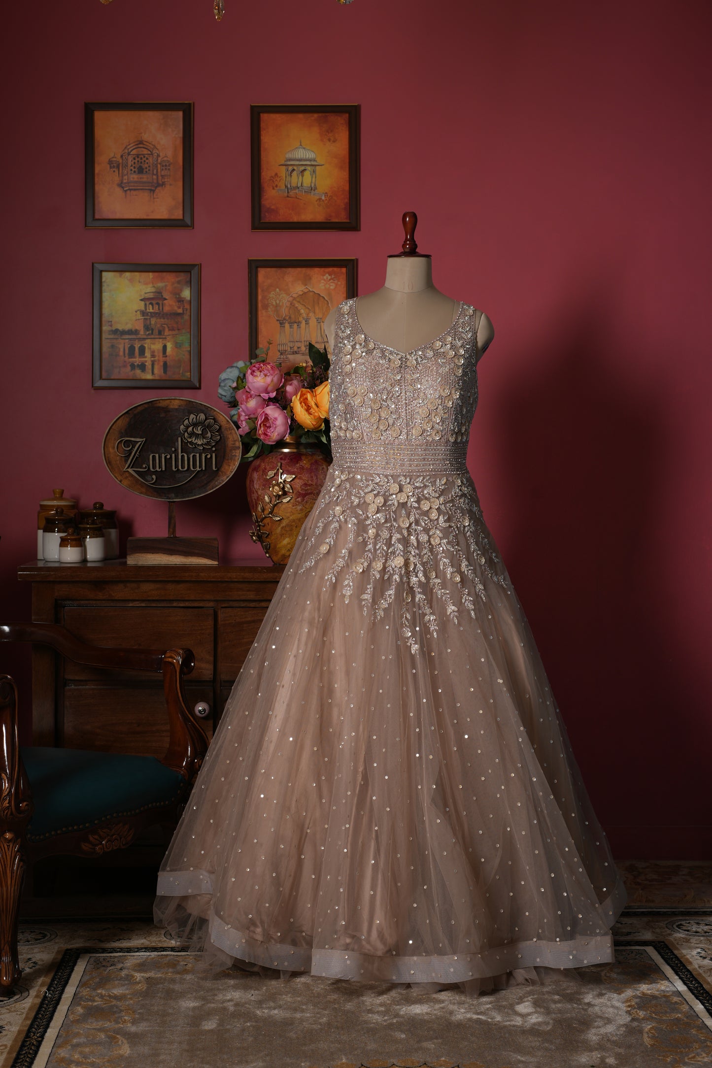 Beige Designer Sequins Diamond Net Gown