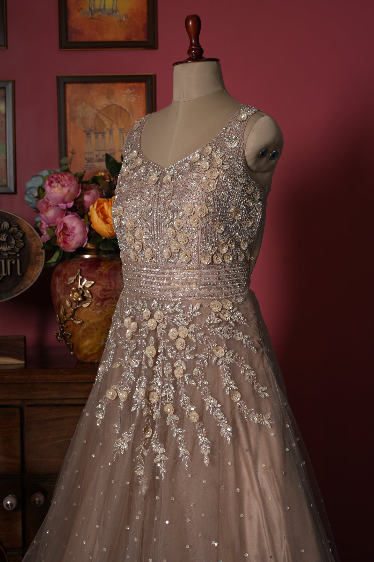 Beige Designer Sequins Diamond Net Gown