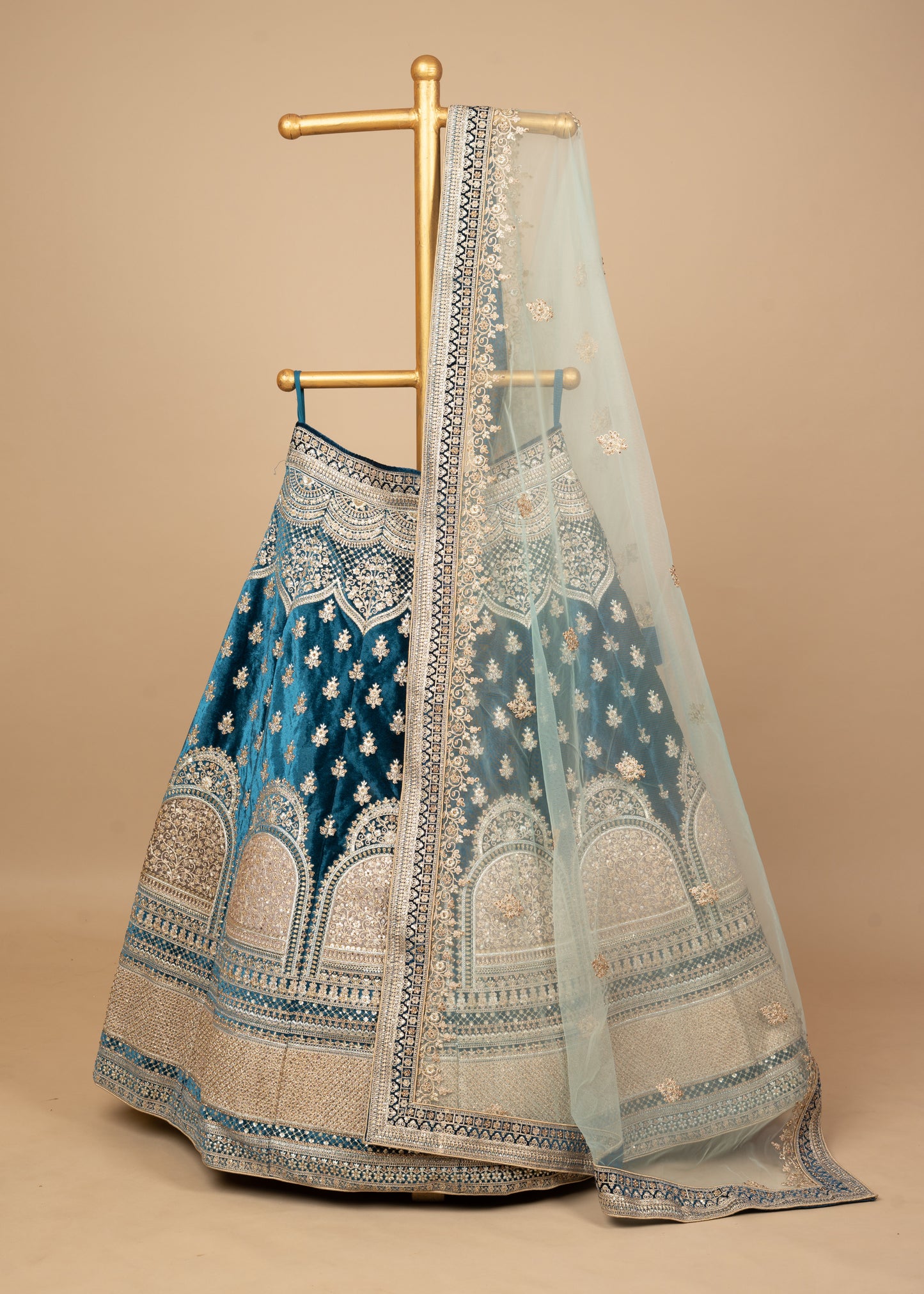 Blue Designer Chokdi Border Lycra Velvet Bridal Lehenga