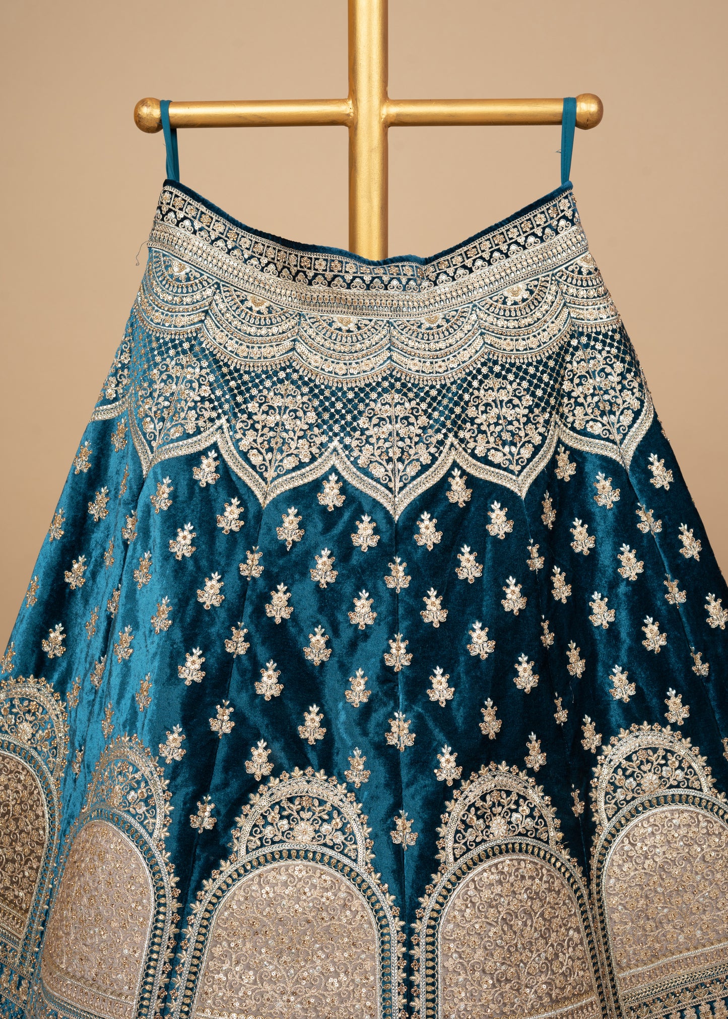 Blue Designer Chokdi Border Lycra Velvet Bridal Lehenga