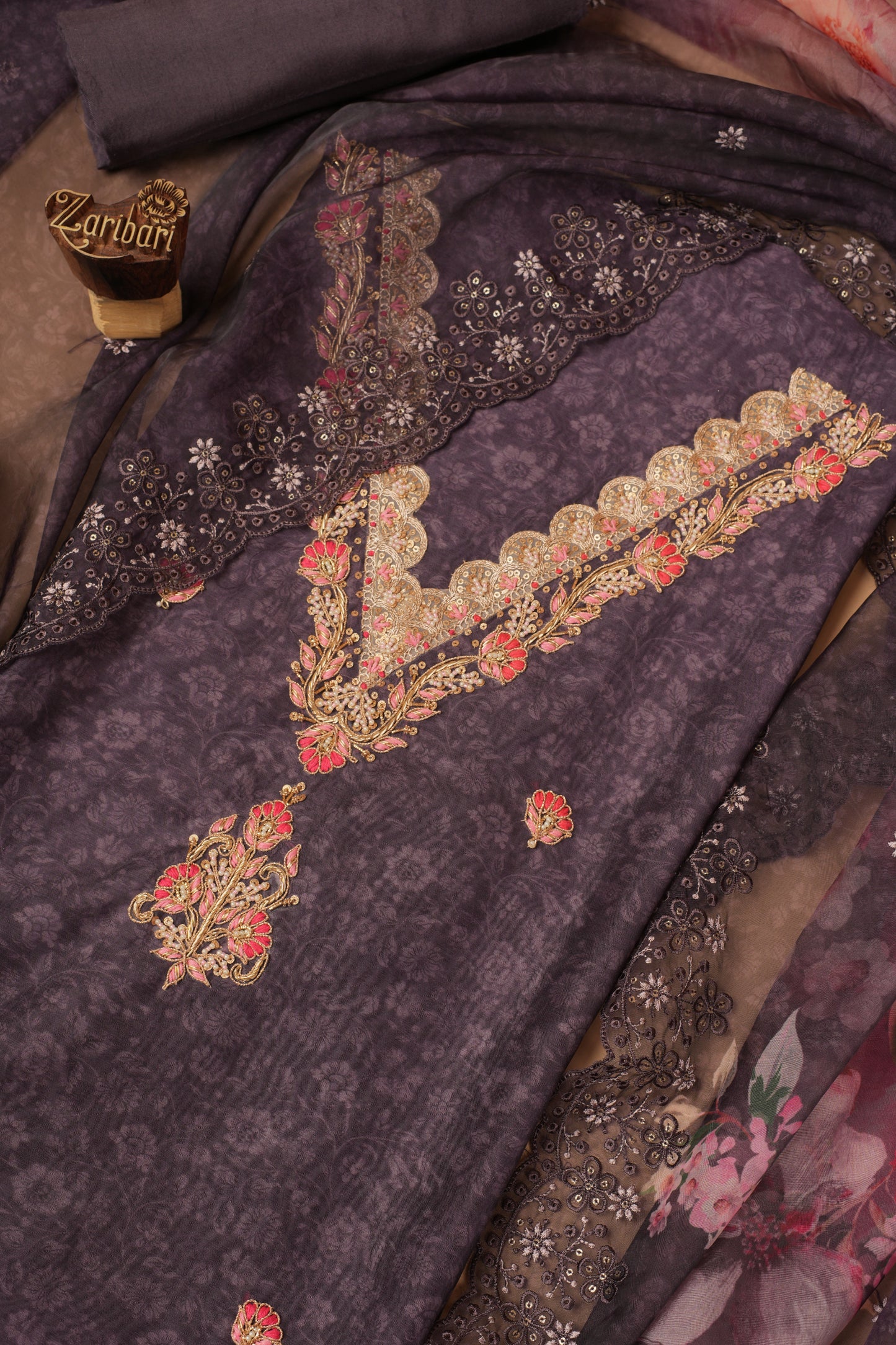 Brown Chanderi Silk Unstitched Suit